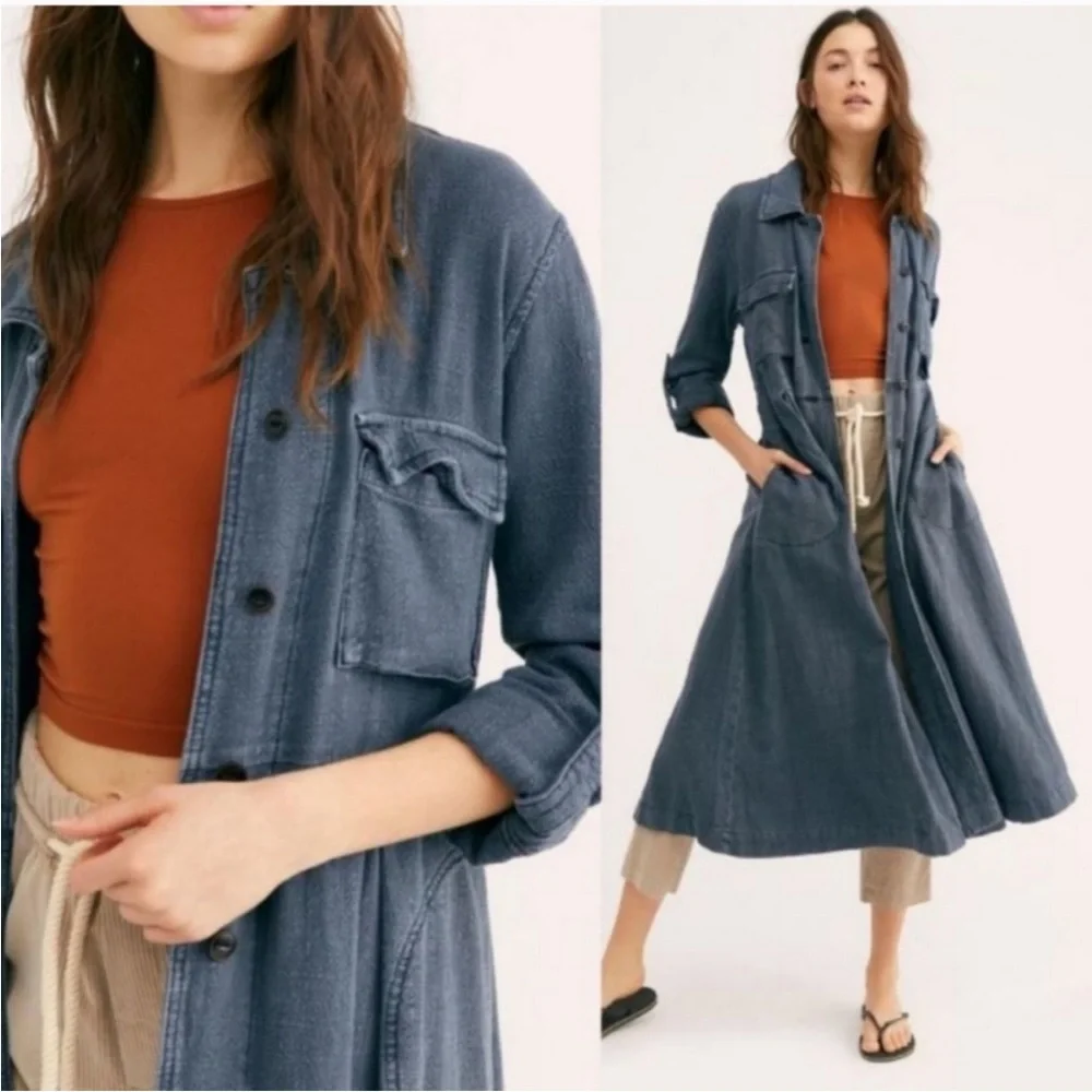 Free People Rainz Linen Blend Longline Maxi Duster Jacket Atlantic Washed Blue - Picture 5 of 12